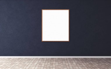 Duvarında çerçeve olan beyaz boş bir poster. Ön gösterim için boş maket. Sunum için iyi kullanım.