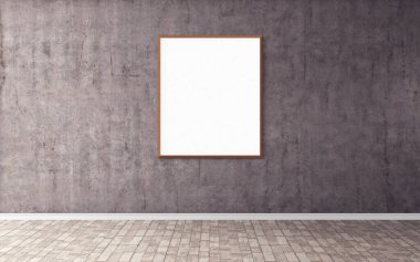 Duvarında çerçeve olan beyaz boş bir poster. Ön gösterim için boş maket. Sunum için iyi kullanım.