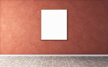 Duvarında çerçeve olan beyaz boş bir poster. Ön gösterim için boş maket. Sunum için iyi kullanım.
