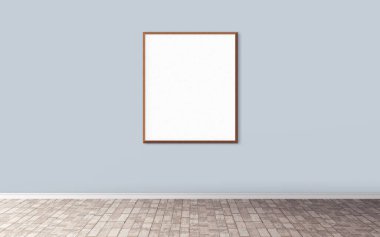 Duvarında çerçeve olan beyaz boş bir poster. Ön gösterim için boş maket. Sunum için iyi kullanım.