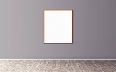Duvarında çerçeve olan beyaz boş bir poster. Ön gösterim için boş maket. Sunum için iyi kullanım.
