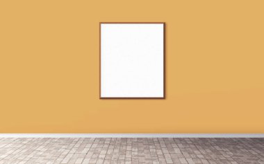 Duvarında çerçeve olan beyaz boş bir poster. Ön gösterim için boş maket. Sunum için iyi kullanım.