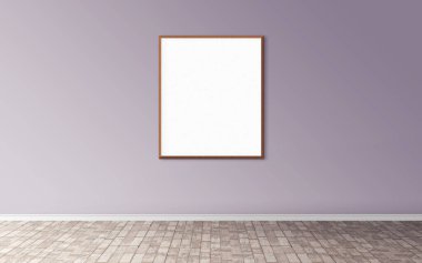 Duvarında çerçeve olan beyaz boş bir poster. Ön gösterim için boş maket. Sunum için iyi kullanım.