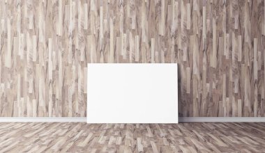 Yerde beyaz yatay tuval var. Tasarımın için boş bir model. Reklam için iyi bir kullanım.