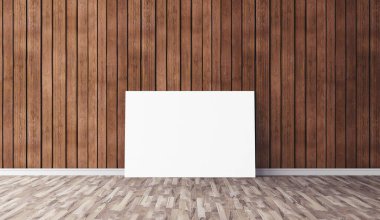 Yerde beyaz yatay tuval var. Tasarımın için boş bir model. Reklam için iyi bir kullanım.