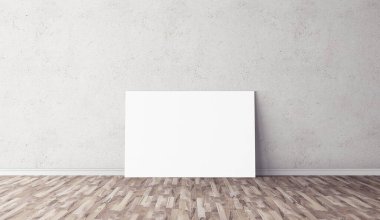 Yerde beyaz yatay tuval var. Tasarımın için boş bir model. Reklam için iyi bir kullanım.