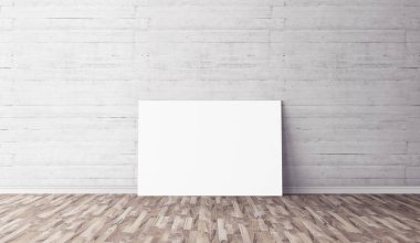 Yerde beyaz yatay tuval var. Tasarımın için boş bir model. Reklam için iyi bir kullanım.