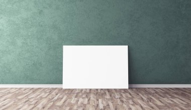 Yerde beyaz yatay tuval var. Tasarımın için boş bir model. Reklam için iyi bir kullanım.