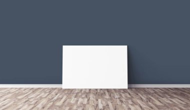 Yerde beyaz yatay tuval var. Tasarımın için boş bir model. Reklam için iyi bir kullanım.