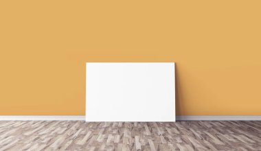 Yerde beyaz yatay tuval var. Tasarımın için boş bir model. Reklam için iyi bir kullanım.