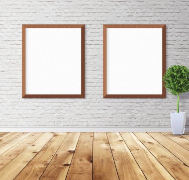 Duvarında çerçeve olan beyaz posterler. Tasarım ön gösterimi için hazırlan. Reklam malzemeleri için iyi bir kullanım.