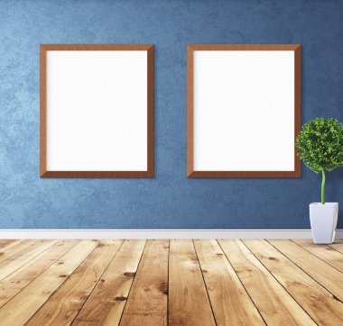 Duvarında çerçeve olan beyaz posterler. Tasarım ön gösterimi için hazırlan. Reklam malzemeleri için iyi bir kullanım.