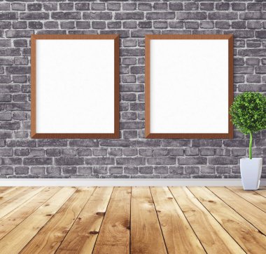 Duvarında çerçeve olan beyaz posterler. Tasarım ön gösterimi için hazırlan. Reklam malzemeleri için iyi bir kullanım.