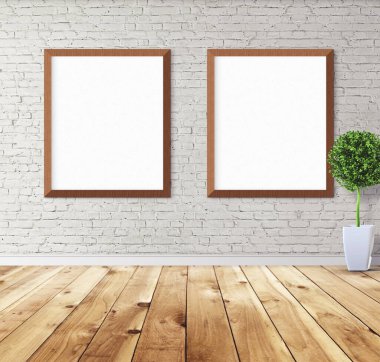 Duvarında çerçeve olan beyaz posterler. Tasarım ön gösterimi için hazırlan. Reklam malzemeleri için iyi bir kullanım.