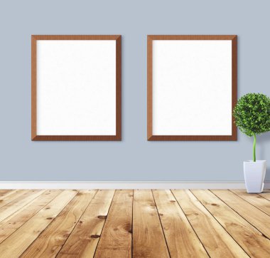 Duvarında çerçeve olan beyaz posterler. Tasarım ön gösterimi için hazırlan. Reklam malzemeleri için iyi bir kullanım.