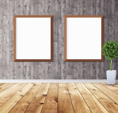 Duvarında çerçeve olan beyaz posterler. Tasarım ön gösterimi için hazırlan. Reklam malzemeleri için iyi bir kullanım.