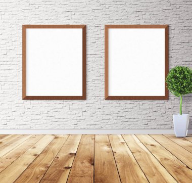 Duvarında çerçeve olan beyaz posterler. Tasarım ön gösterimi için hazırlan. Reklam malzemeleri için iyi bir kullanım.