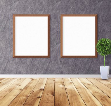 Duvarında çerçeve olan beyaz posterler. Tasarım ön gösterimi için hazırlan. Reklam malzemeleri için iyi bir kullanım.