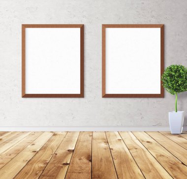 Duvarında çerçeve olan beyaz posterler. Tasarım ön gösterimi için hazırlan. Reklam malzemeleri için iyi bir kullanım.