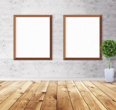 Duvarında çerçeve olan beyaz boş posterler. Ön gösterim için boş maket. Sunum için iyi kullanım.