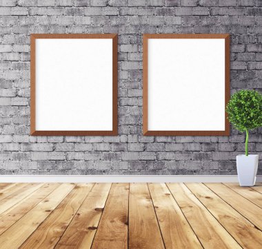 Duvarında çerçeve olan beyaz posterler. Tasarım ön gösterimi için hazırlan. Reklam malzemeleri için iyi bir kullanım.