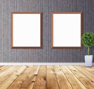 Duvarında çerçeve olan beyaz posterler. Tasarım ön gösterimi için hazırlan. Reklam malzemeleri için iyi bir kullanım.