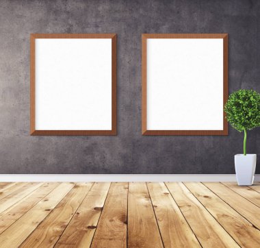 Duvarında çerçeve olan beyaz posterler. Tasarım ön gösterimi için hazırlan. Reklam malzemeleri için iyi bir kullanım.