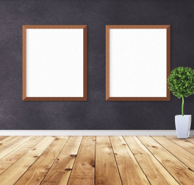 Duvarında çerçeve olan beyaz posterler. Tasarım ön gösterimi için hazırlan. Reklam malzemeleri için iyi bir kullanım.