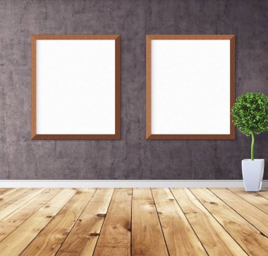 Duvarında çerçeve olan beyaz posterler. Tasarım ön gösterimi için hazırlan. Reklam malzemeleri için iyi bir kullanım.