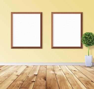 Duvarında çerçeve olan beyaz posterler. Tasarım ön gösterimi için hazırlan. Reklam malzemeleri için iyi bir kullanım.
