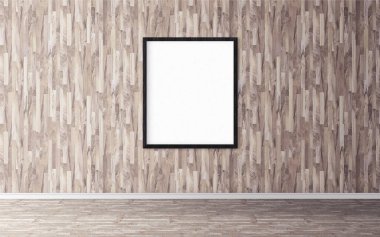 Duvarında çerçeve olan beyaz boş bir poster. Tasarım önizlemeniz için boş maket. Sunum için iyi kullanım.