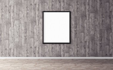 Duvarında çerçeve olan beyaz boş bir poster. Tasarım önizlemeniz için boş maket. Sunum için iyi kullanım.