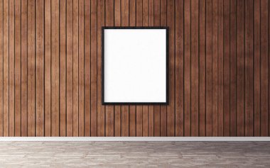 Duvarında çerçeve olan beyaz boş bir poster. Tasarım önizlemeniz için boş maket. Sunum için iyi kullanım.