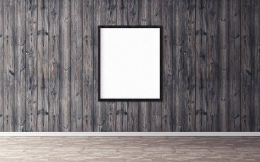 Duvarında çerçeve olan beyaz boş bir poster. Tasarım önizlemeniz için boş maket. Sunum için iyi kullanım.