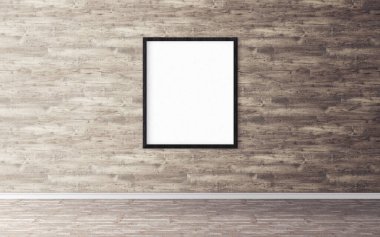 Duvarında çerçeve olan beyaz boş bir poster. Tasarım önizlemeniz için boş maket. Sunum için iyi kullanım.