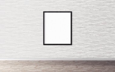 Duvarında çerçeve olan beyaz boş bir poster. Tasarım önizlemeniz için boş maket. Sunum için iyi kullanım.