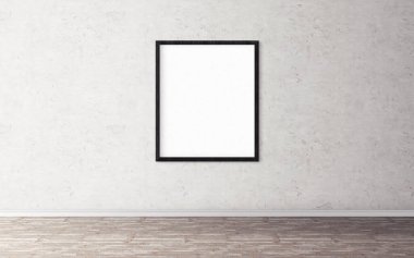 Duvarında çerçeve olan beyaz boş bir poster. Tasarım önizlemeniz için boş maket. Sunum için iyi kullanım.