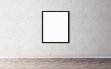 Duvarında çerçeve olan beyaz boş bir poster. Tasarım önizlemeniz için boş maket. Sunum için iyi kullanım.