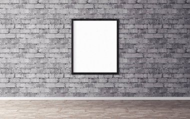 Duvarında çerçeve olan beyaz boş bir poster. Tasarım önizlemeniz için boş maket. Sunum için iyi kullanım.