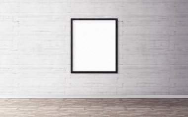 Duvarında çerçeve olan beyaz boş bir poster. Tasarım önizlemeniz için boş maket. Sunum için iyi kullanım.