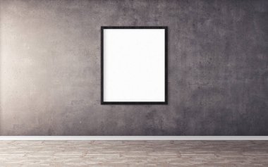 Duvarında çerçeve olan beyaz boş bir poster. Tasarım önizlemeniz için boş maket. Sunum için iyi kullanım.