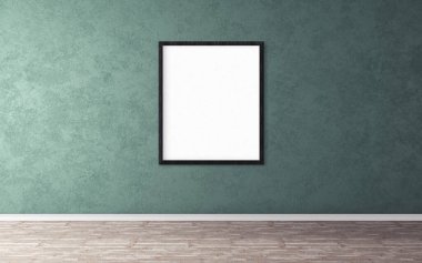 Duvarında çerçeve olan beyaz boş bir poster. Tasarım önizlemeniz için boş maket. Sunum için iyi kullanım.