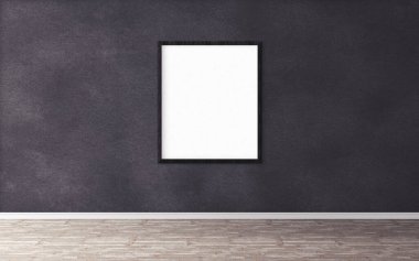 Duvarında çerçeve olan beyaz boş bir poster. Tasarım önizlemeniz için boş maket. Sunum için iyi kullanım.