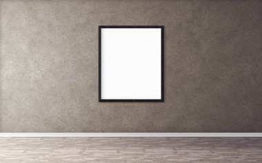Duvarında çerçeve olan beyaz boş bir poster. Tasarım önizlemeniz için boş maket. Sunum için iyi kullanım.