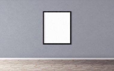 Duvarında çerçeve olan beyaz boş bir poster. Tasarım önizlemeniz için boş maket. Sunum için iyi kullanım.