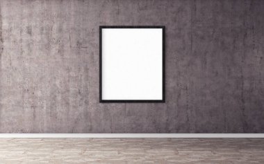 Duvarında çerçeve olan beyaz boş bir poster. Tasarım önizlemeniz için boş maket. Sunum için iyi kullanım.