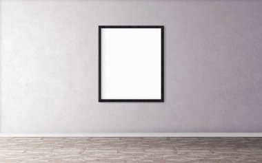 Duvarında çerçeve olan beyaz boş bir poster. Tasarım önizlemeniz için boş maket. Sunum için iyi kullanım.