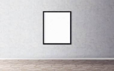 Duvarında çerçeve olan beyaz boş bir poster. Tasarım önizlemeniz için boş maket. Sunum için iyi kullanım.