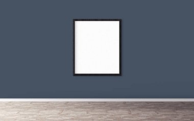 Duvarında çerçeve olan beyaz boş bir poster. Tasarım önizlemeniz için boş maket. Sunum için iyi kullanım.