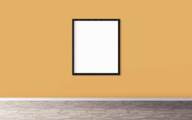 Duvarında çerçeve olan beyaz boş bir poster. Tasarım önizlemeniz için boş maket. Sunum için iyi kullanım.